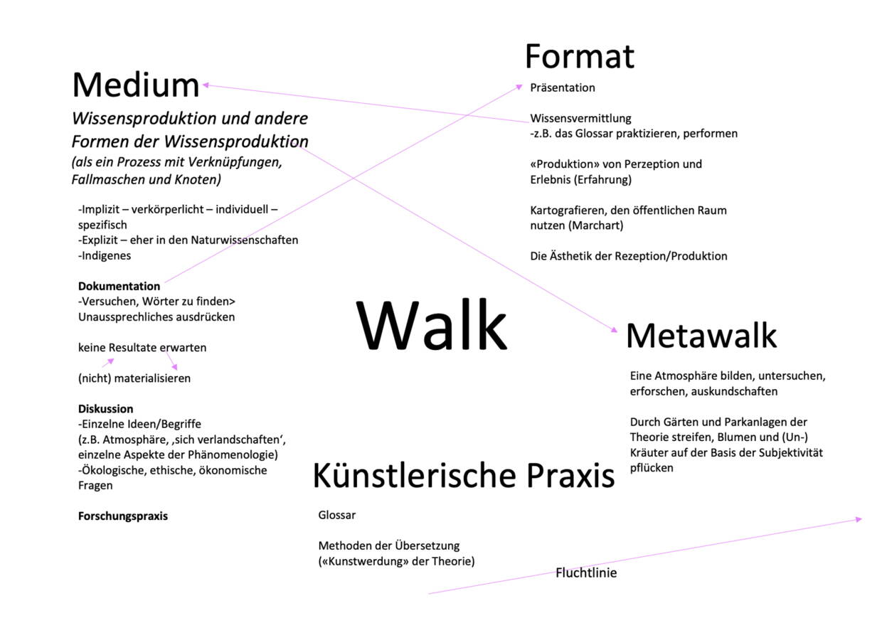 Was der 'Walk' im Rahmen unseres Projekts alles sein kann, welche Potenziale er bietet, haben wir verschiedentlich diskutiert, hier auf diesem «DenkDiskussionsDiagramm» dargestellt. Die Praxis der Landscape Dialogues sehen wir als einen Prozess, der Wissen und andere Formen von Wissen thematisiert und produziert. 